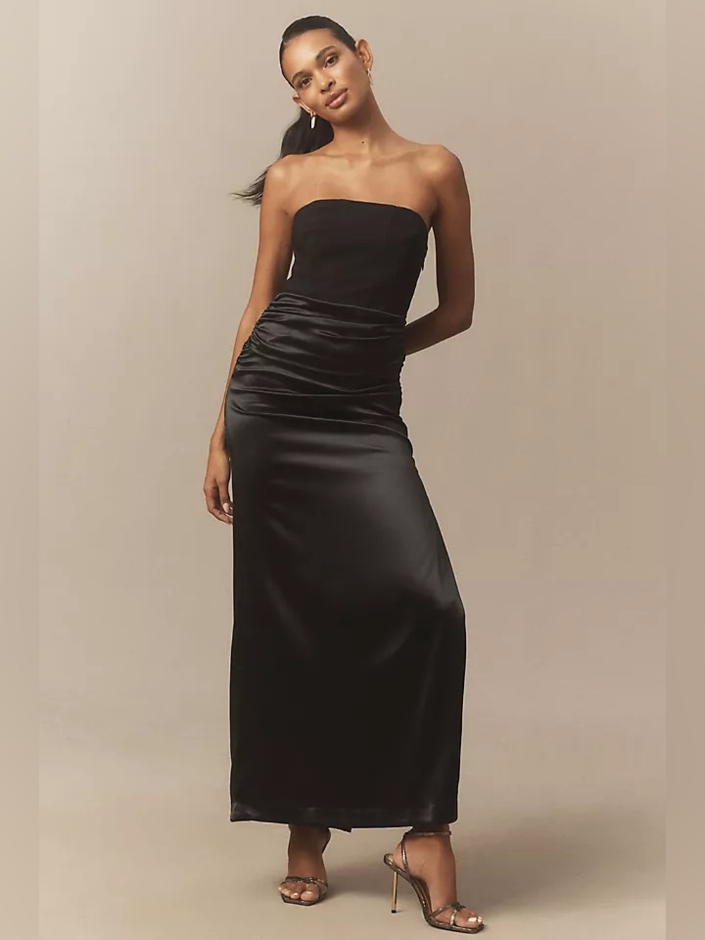 BHLDN Anastasia Strapless Satin Crepe Combo Maxi Dress Ruched Medium Black
